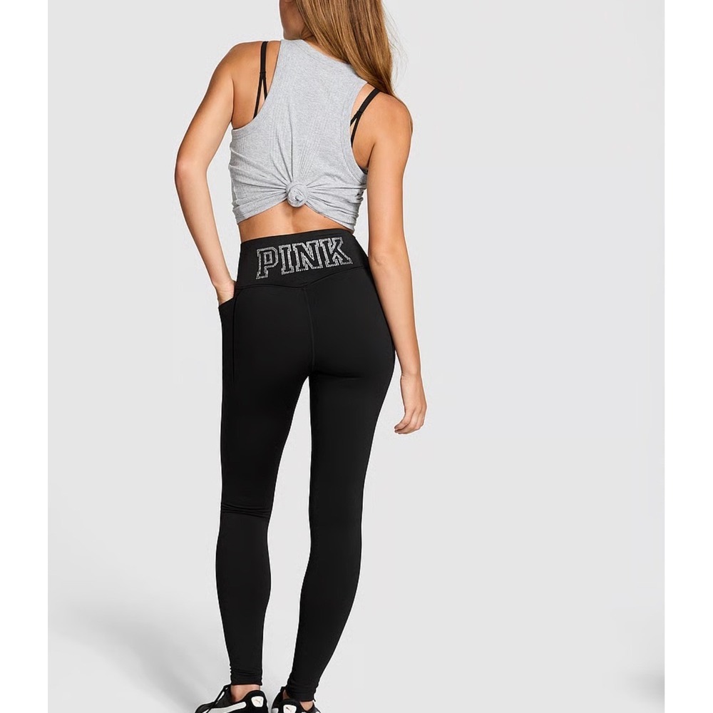 PINK Victoria's Secret PINK Relay™ Leggings Black Rhinestone Logo High Waist XL